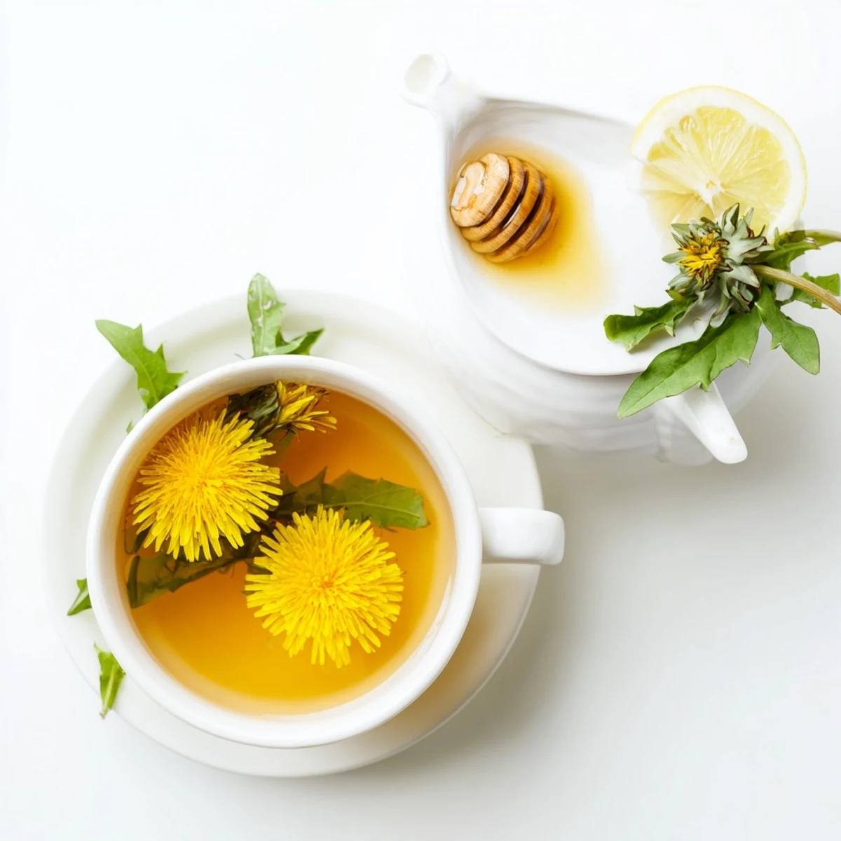 Light earthy dandelion tea infusion served hot with honey drizzle and green leaves