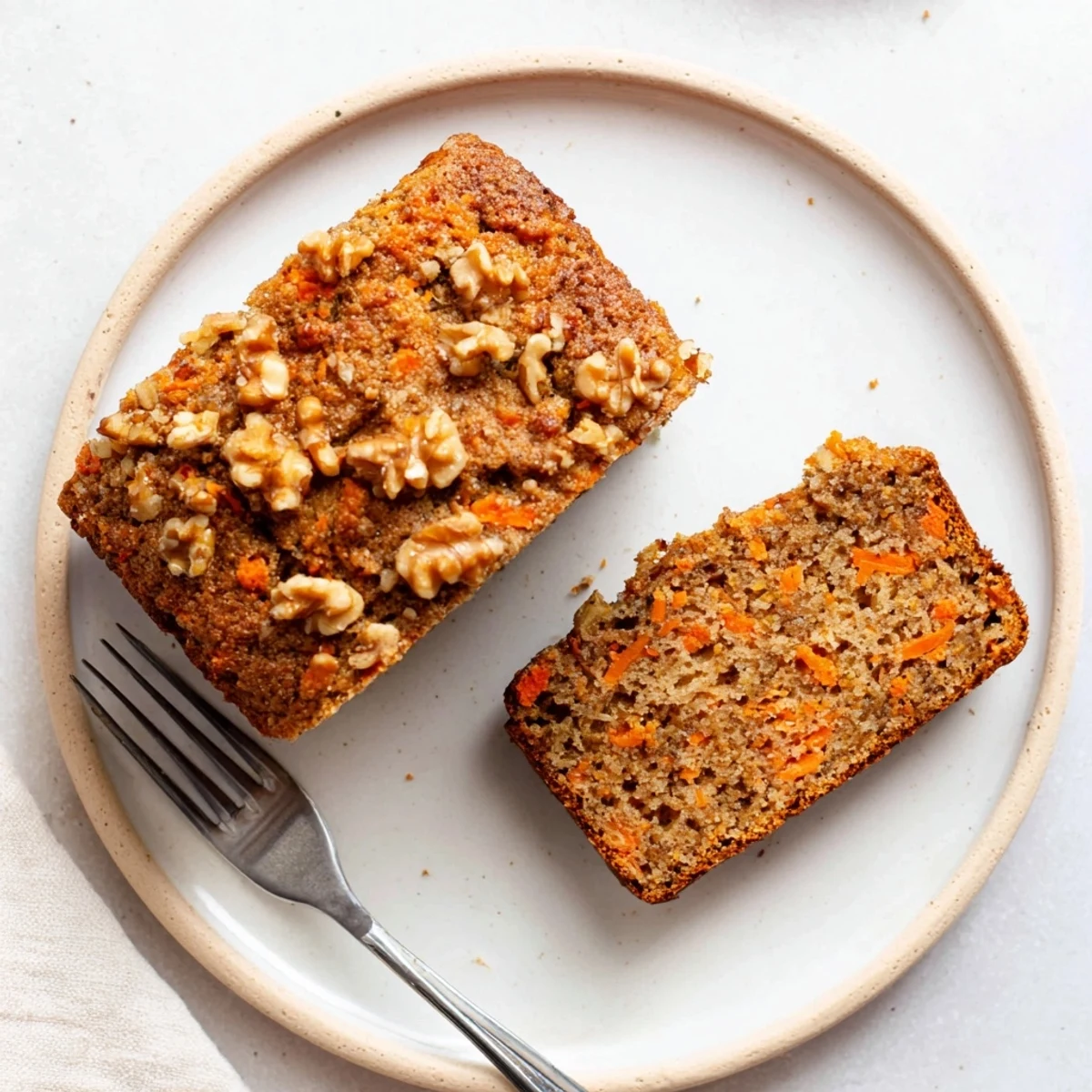Golden brown slice of carrot cake banana bread topped with chopped walnuts on a wooden board