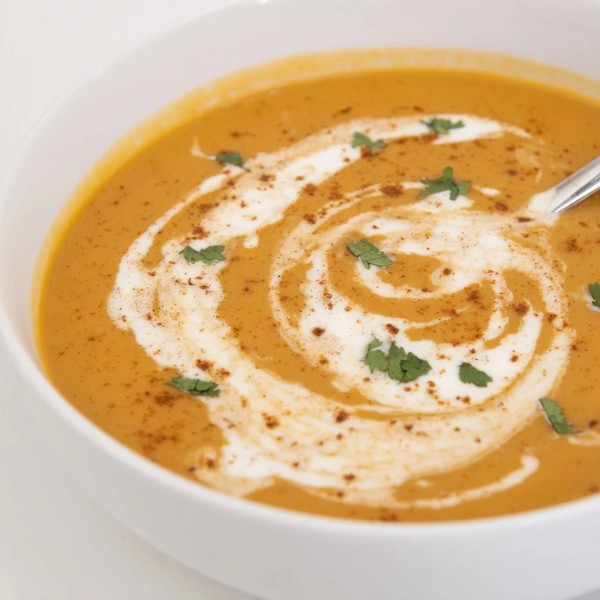 Creamy spicy apple soup garnished with fresh herbs and coconut cream swirl