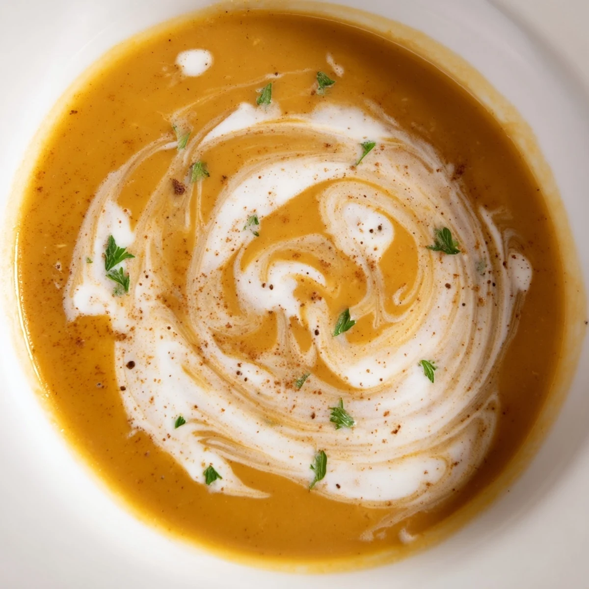 Spoon lifting silky spicy apple soup topped with chopped coriander and white cream