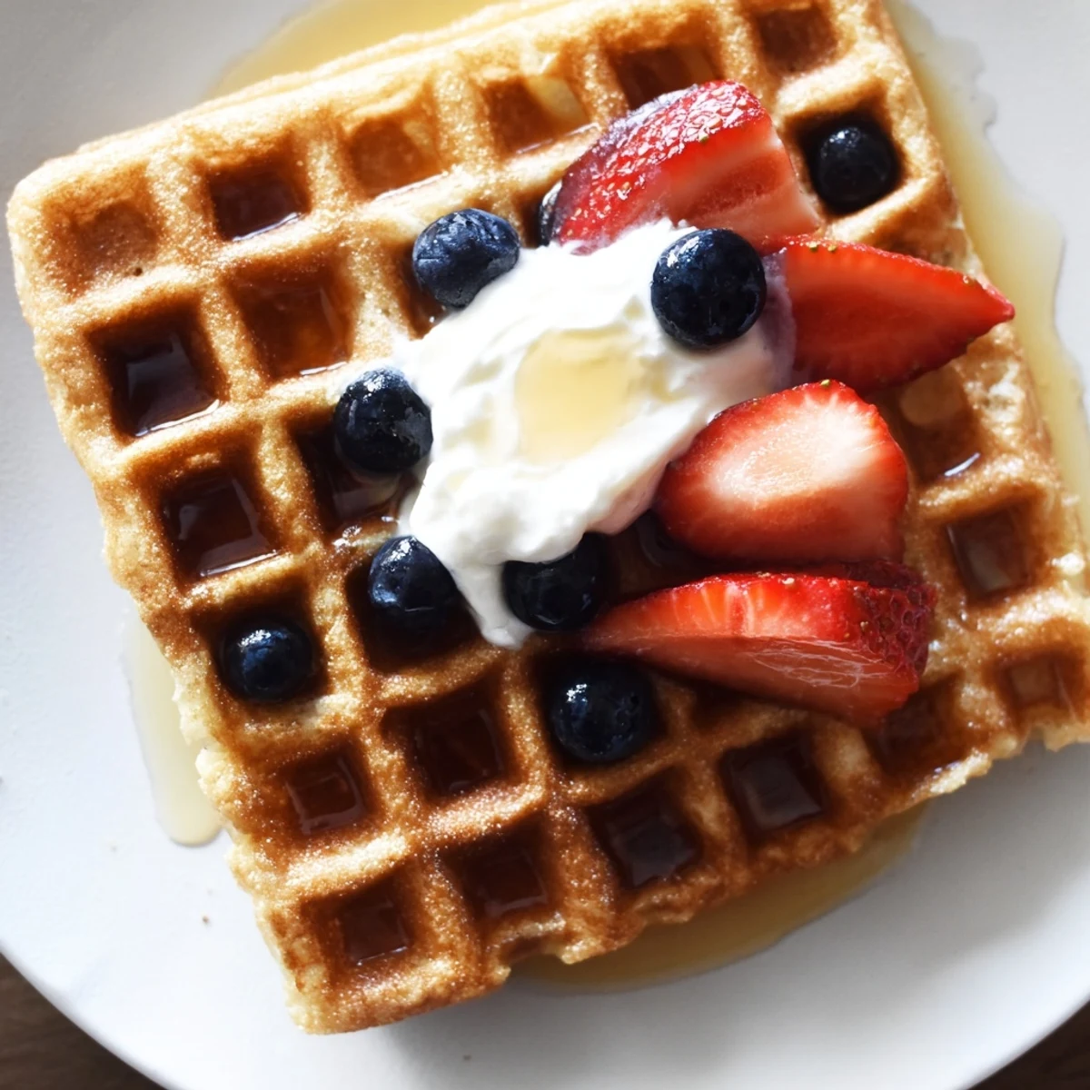 Fluffy Greek Yogurt Waffles topped with fresh berries and drizzled honey on a breakfast plate