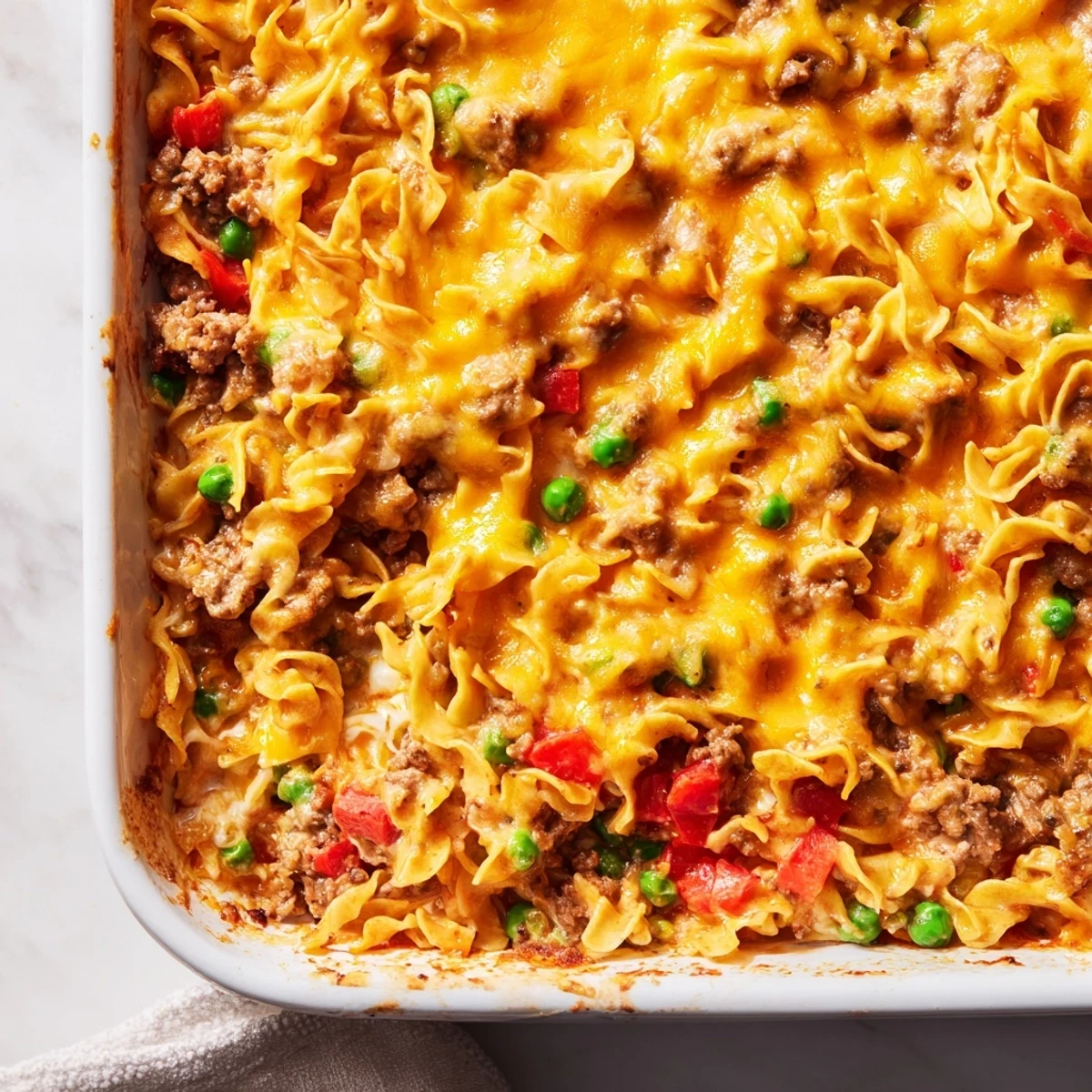 Golden bubbling cheesy beef and noodle casserole fresh from the oven with melted cheddar topping