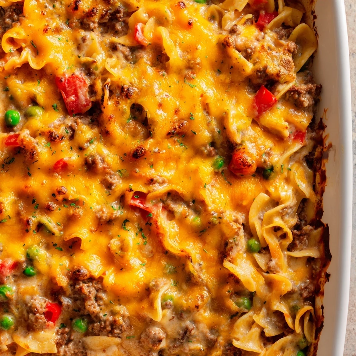 Creamy cheesy beef and noodle casserole in a white baking dish with golden brown cheese