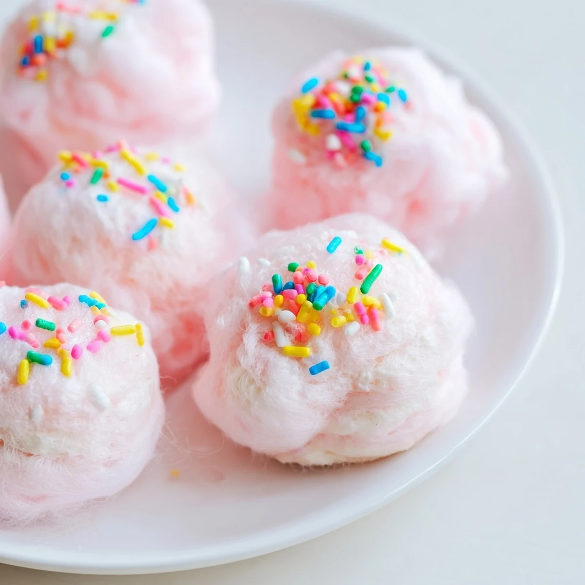 Pink cotton candy cheesecake puff balls topped with colorful sprinkles on a white serving plate