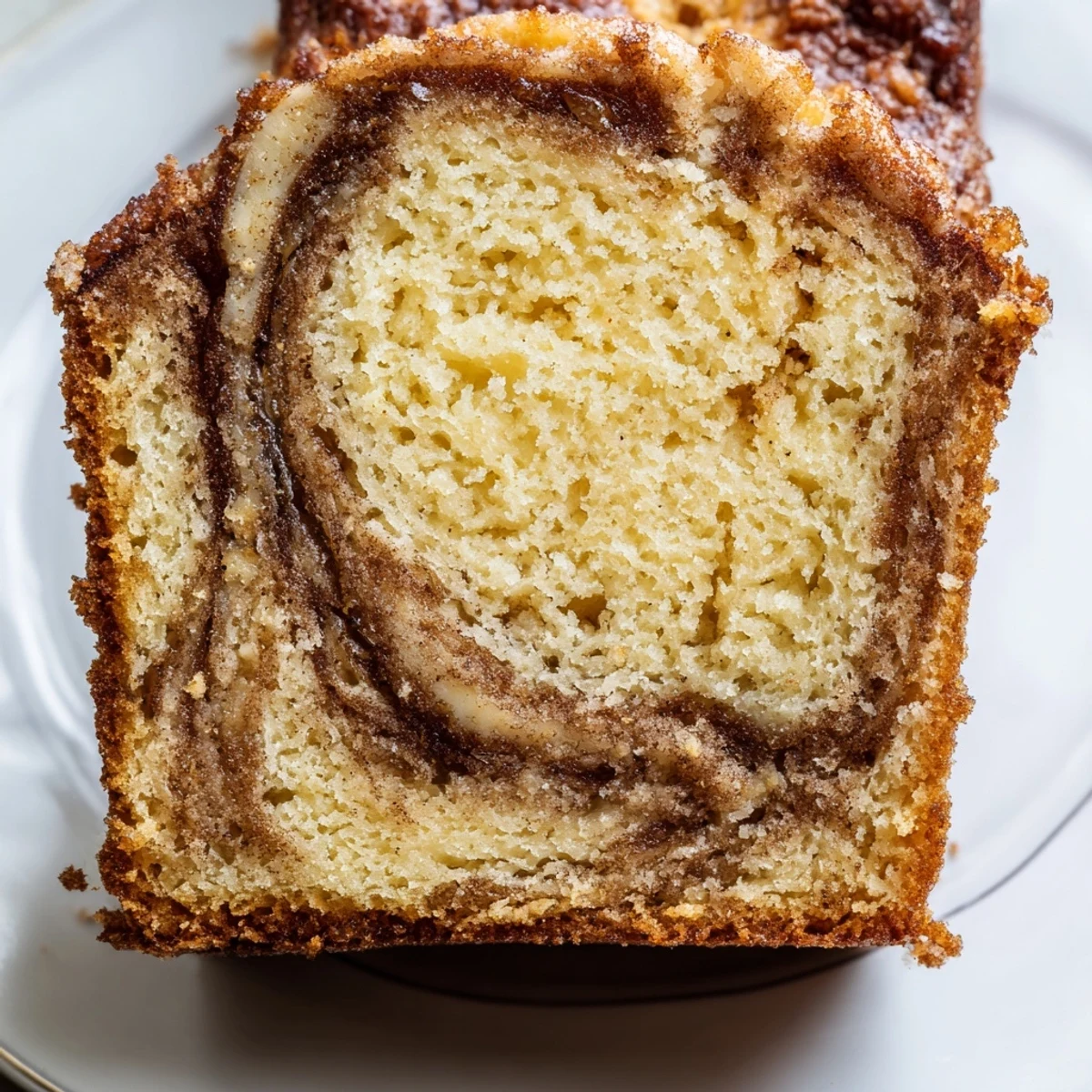 Moist cinnamon sugar swirl banana bread with golden crust and ribbons of spiced sweetness throughout