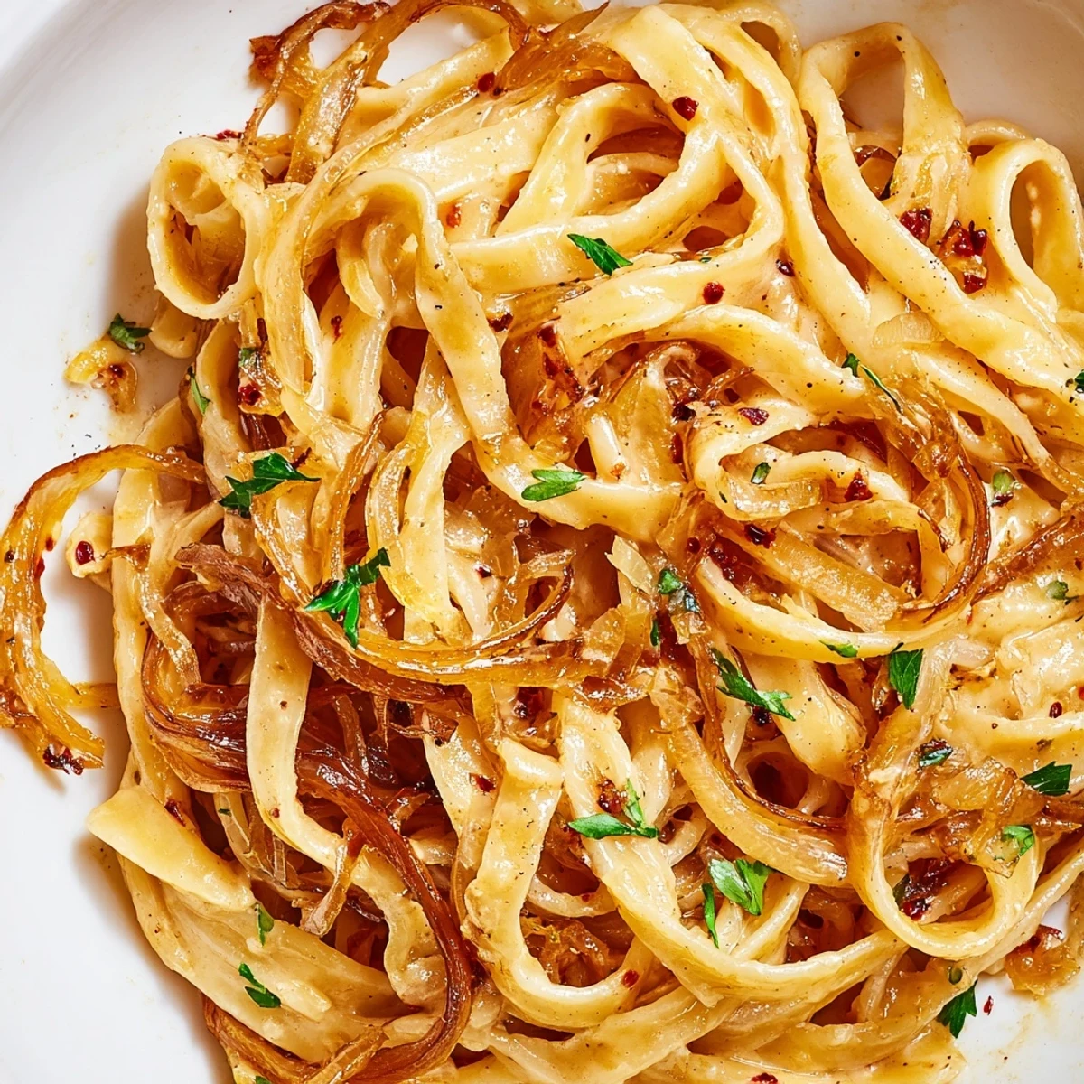 Creamy Sweet Heat Caramelized Onion Fettuccine topped with fresh parsley and Parmesan cheese