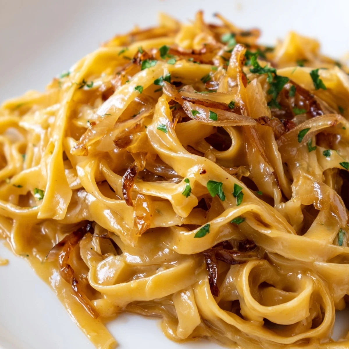 Golden caramelized onions coat Sweet Heat Caramelized Onion Fettuccine in a rich, creamy sauce