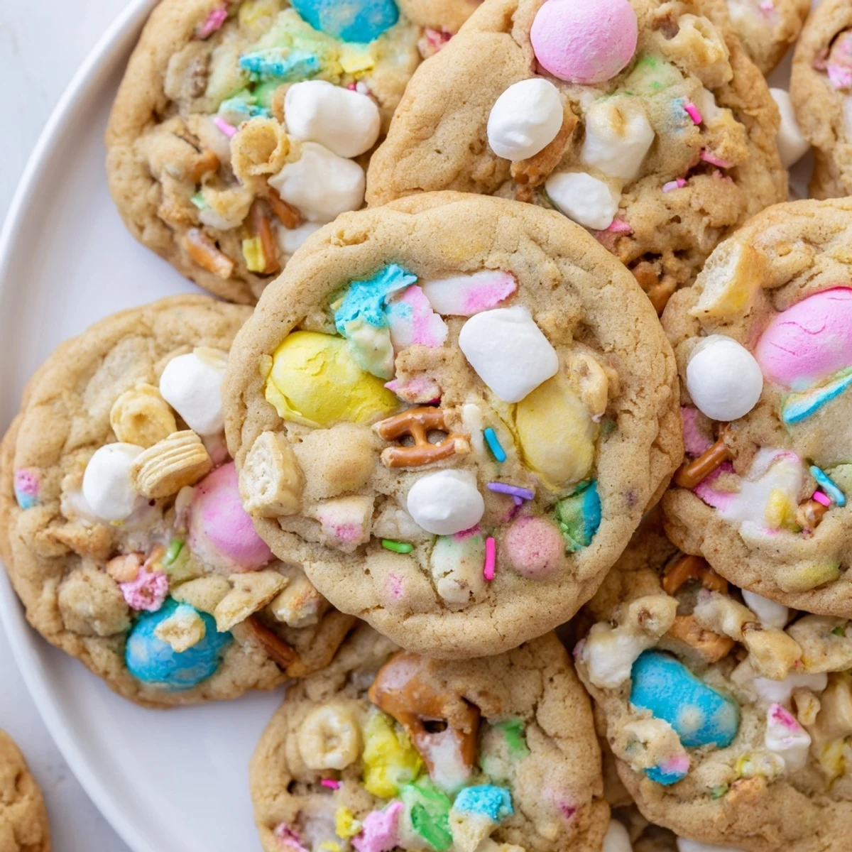 Chewy Easter Trash Cookies with crispy cereal, marshmallows, and candy pieces stacked on a decorative plate