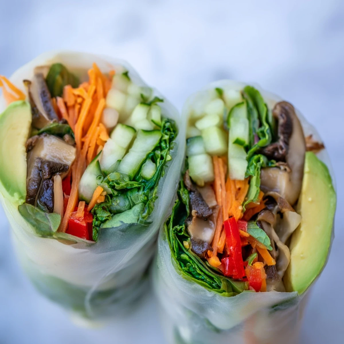 Golden sautéed shiitake mushrooms and creamy avocado nestled inside fresh spring rolls with herbs