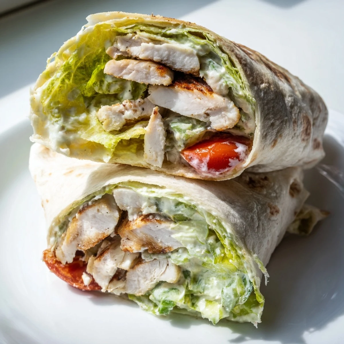 Golden grilled chicken Caesar wraps filled with crisp romaine and creamy dressing in soft tortillas