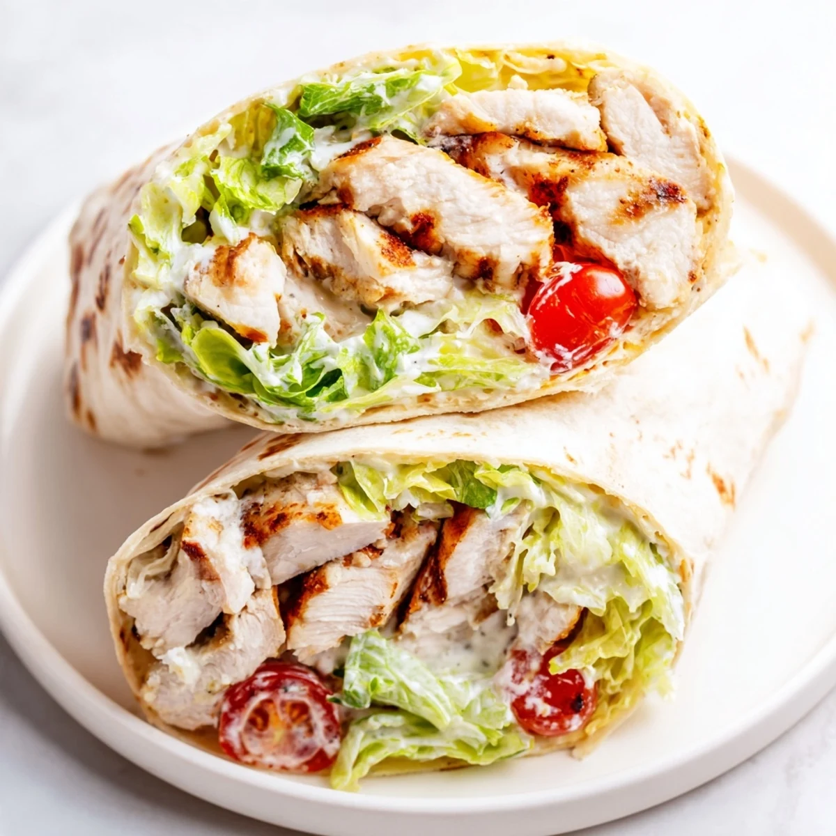 Chicken Caesar wraps with tender sliced chicken fresh lettuce and Parmesan cheese ready to serve