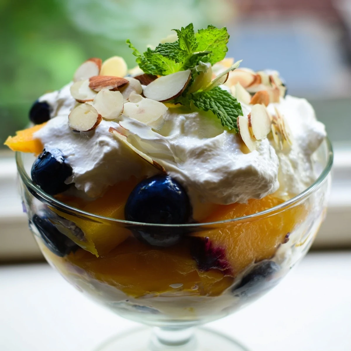 Juicy sliced peaches layered with fluffy whipped cream and blueberries for a refreshing summer dessert