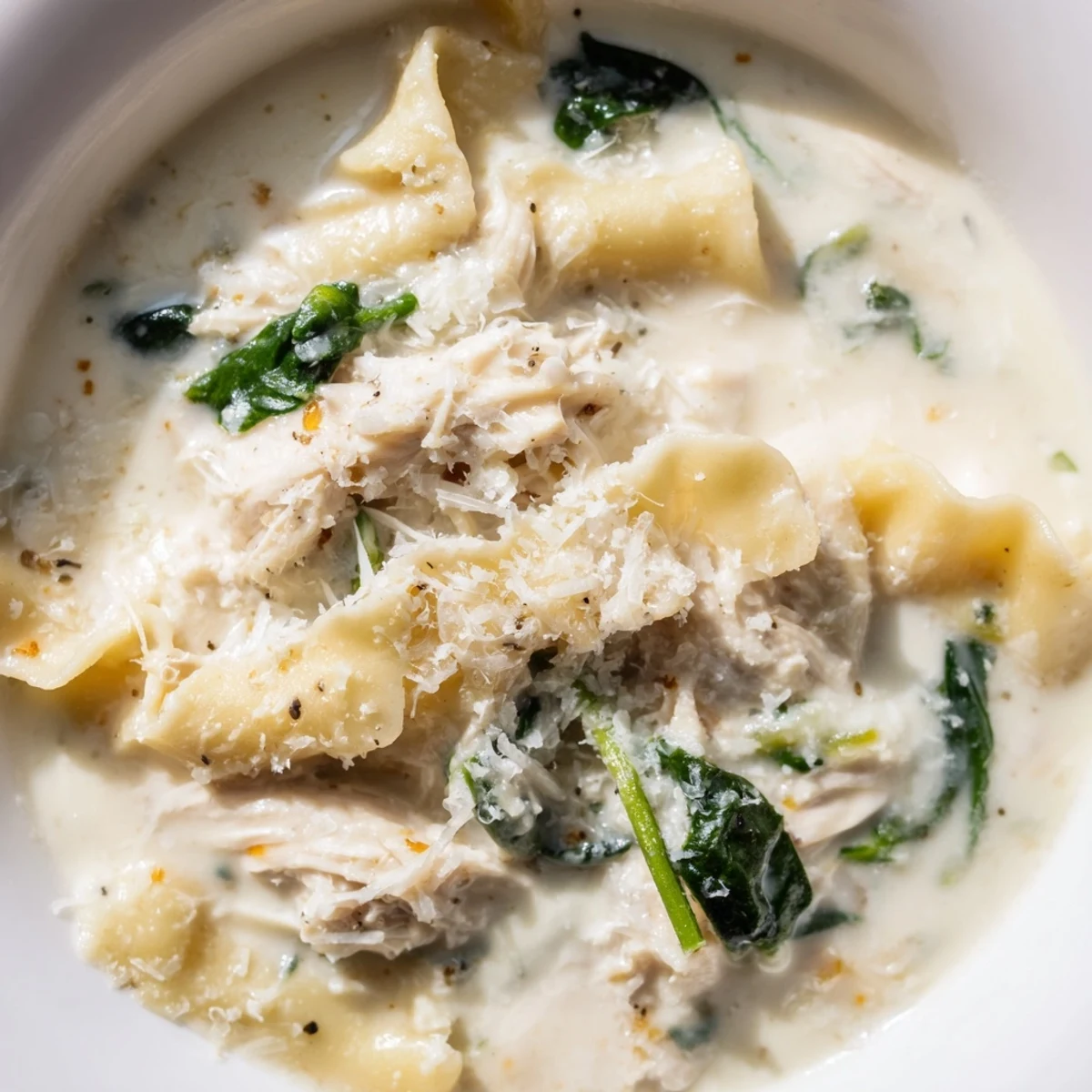 Creamy white lasagna soup in a white bowl with melted mozzarella and broken noodles