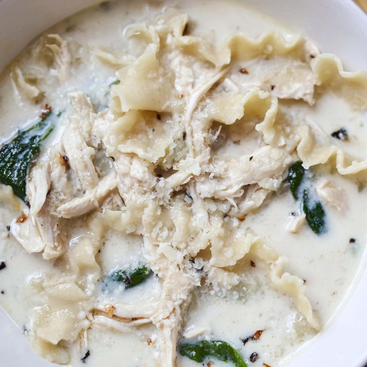 Steaming bowl of white lasagna soup topped with grated Parmesan and fresh spinach