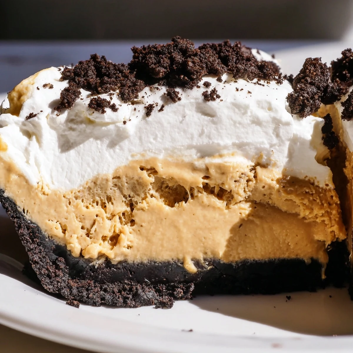 Creamy peanut butter Oreo pie with fluffy whipped topping and cookie crumbles on top