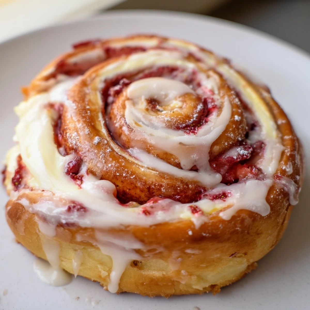 Golden Strawberry Cheesecake Cinnabon Rolls drizzled with creamy vanilla glaze on a rustic baking dish