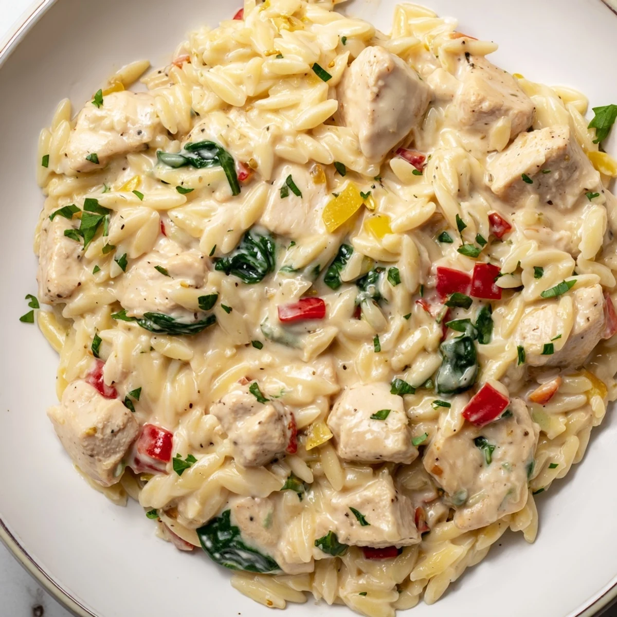 One Pot Cajun Chicken Alfredo Orzo with tender meat and vibrant red peppers