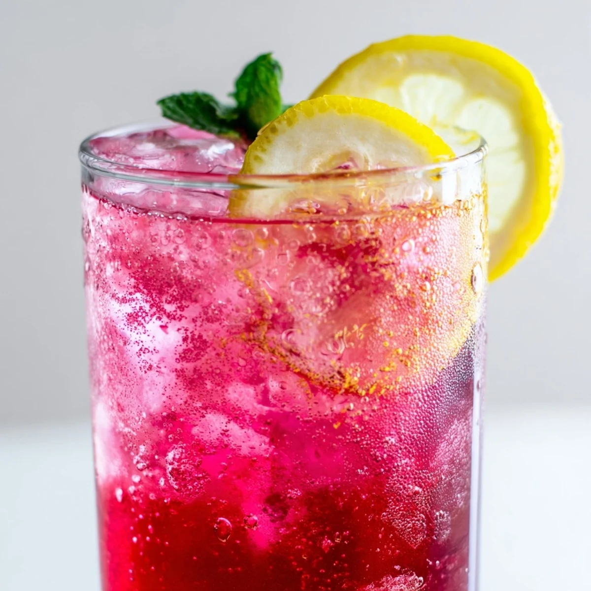 Sparkling honey lemon pink soda in a tall glass with cranberry tint and effervescent bubbles