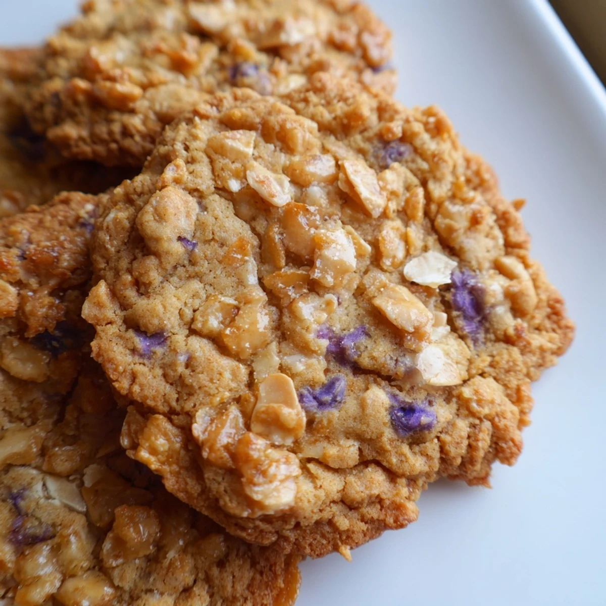 Crisp lavender honey crunch cookies arranged on a white plate beside steaming tea