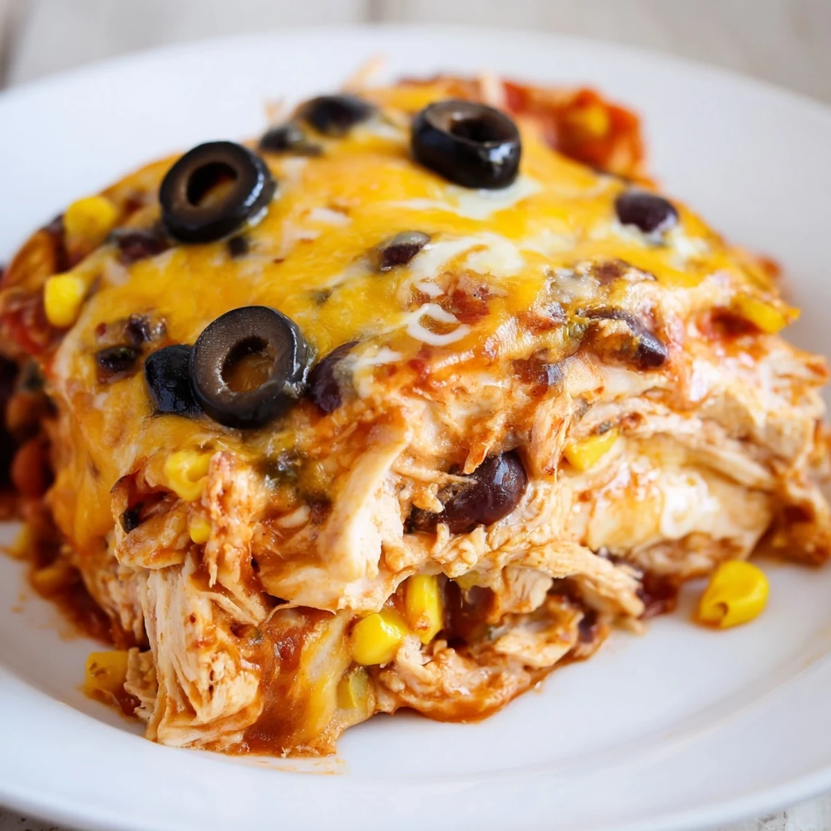 Golden bubbly cheese tops this hearty cheesy shredded chicken enchilada bake casserole fresh from the oven