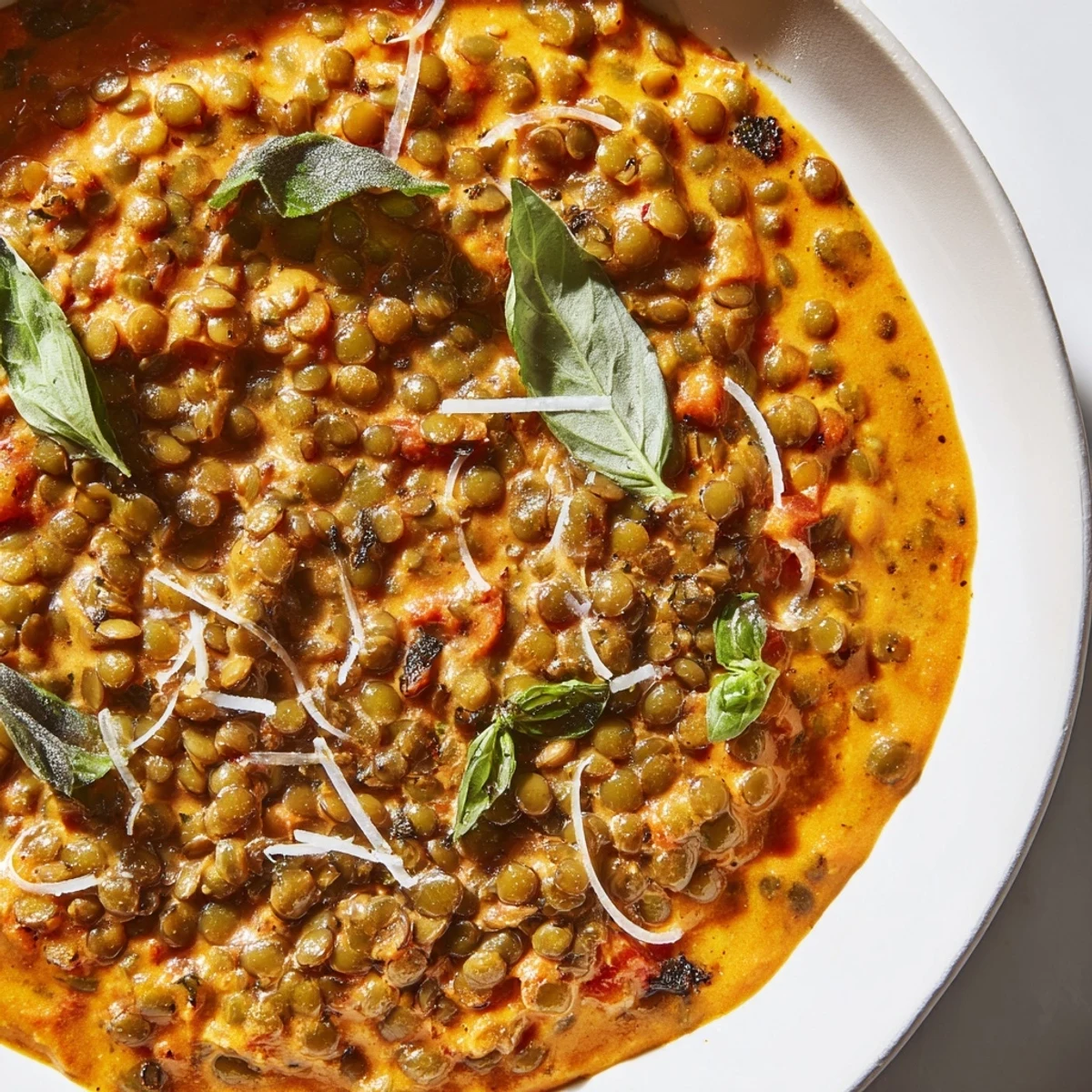 Creamy Marry Me Lentils in rich sun-dried tomato sauce topped with fresh basil garnish