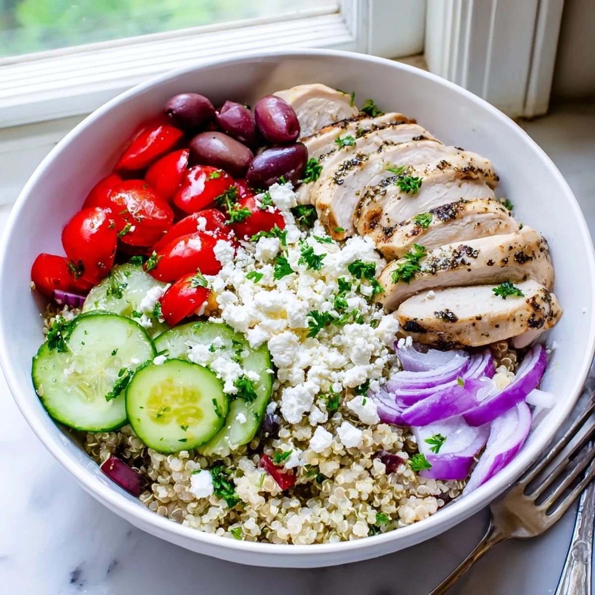 Mediterranean Chicken Quinoa Bowl topped with crisp vegetables, creamy feta, and zesty herb dressing