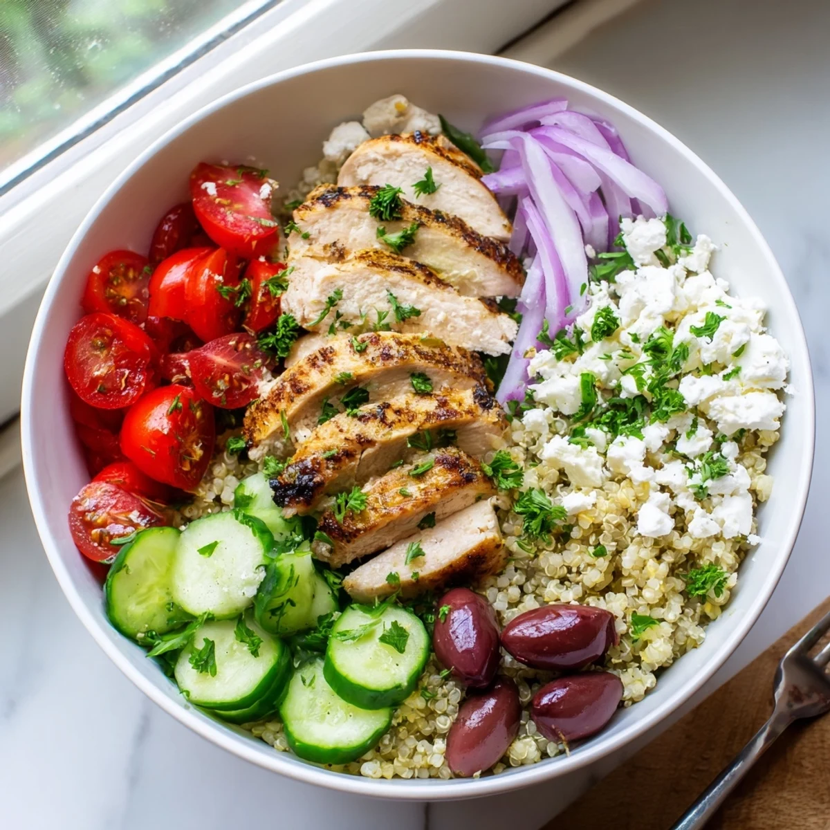 Grilled chicken slices over fluffy quinoa with bright tomatoes, cucumbers, and briny olives