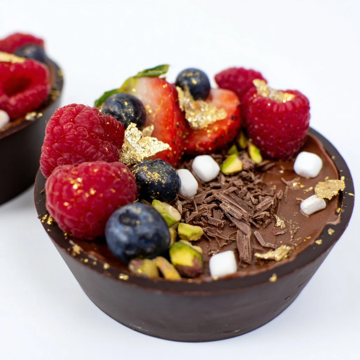 Elegant chocolate grazing cups filled with creamy mousse and topped with fresh berries