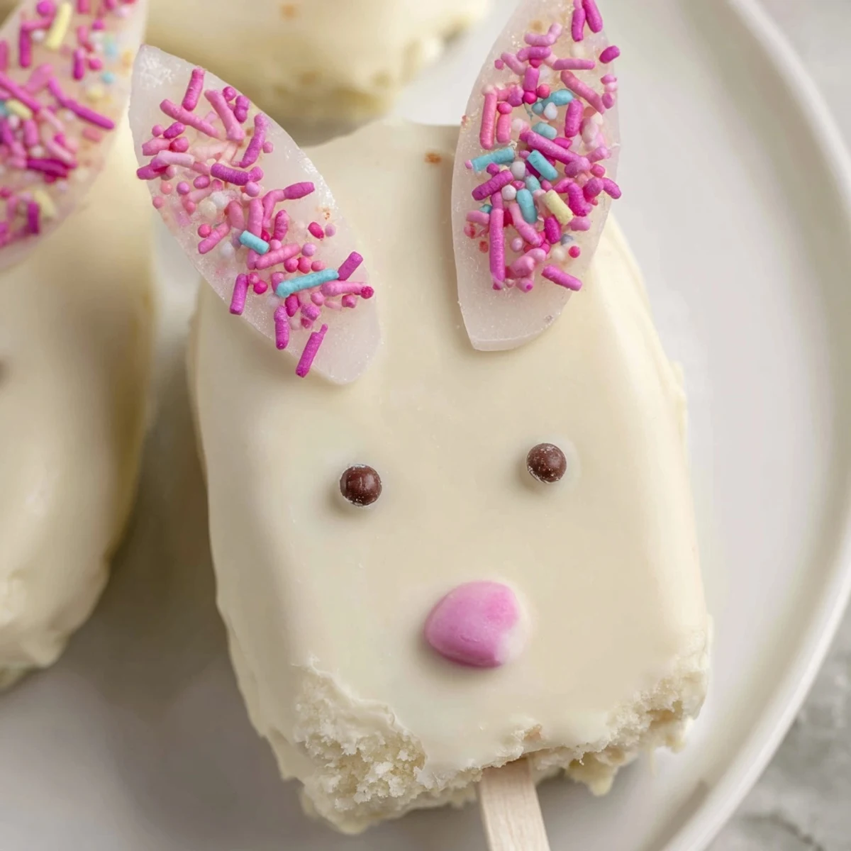 Adorable white chocolate bunny cakesicles with candy eyes and pink ears on a festive tray