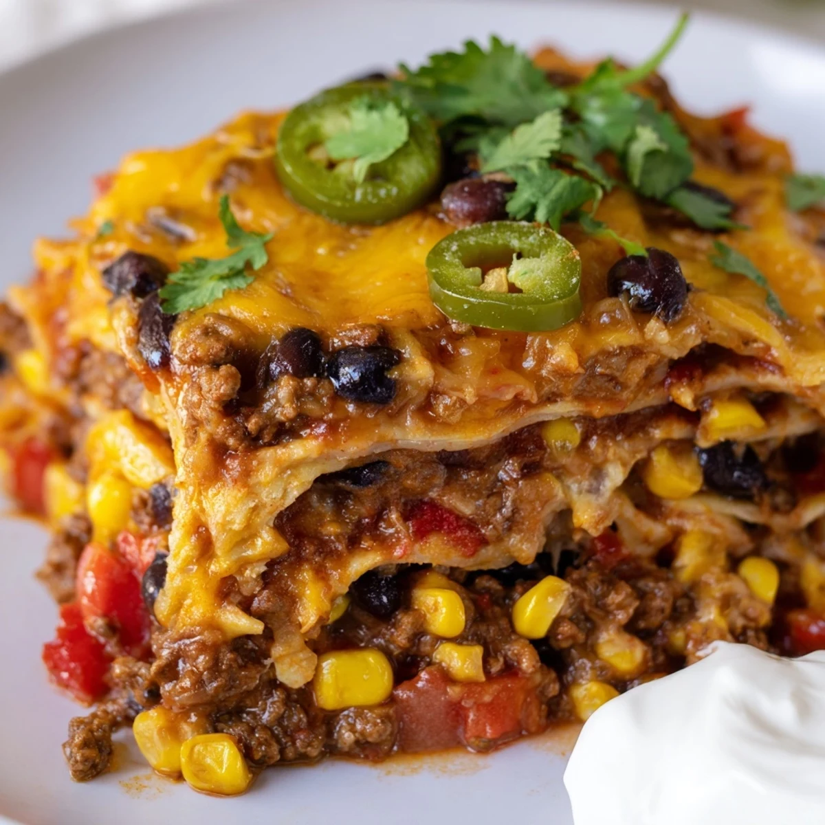 Golden melted cheese tops this hearty Mexican lasagna with layers of seasoned beef