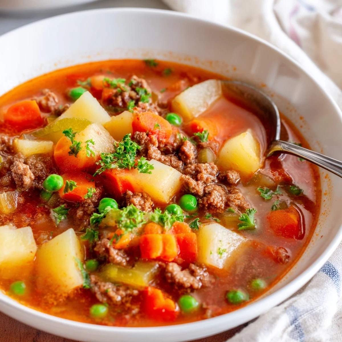 Hearty ground beef and potato soup loaded with vegetables in rustic ceramic bowl