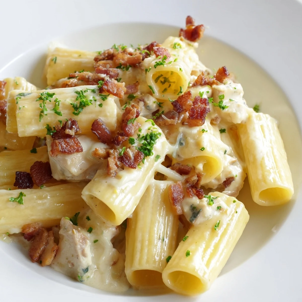 Creamy crack chicken pasta topped with crispy beef bacon and fresh herbs in white bowl
