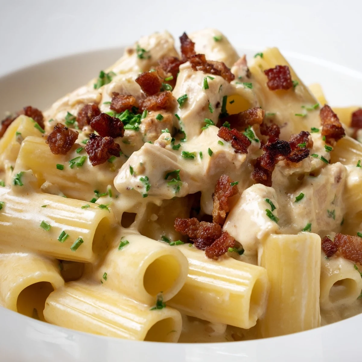 Golden penne coated in rich cheese sauce with tender chicken and smoky beef bacon