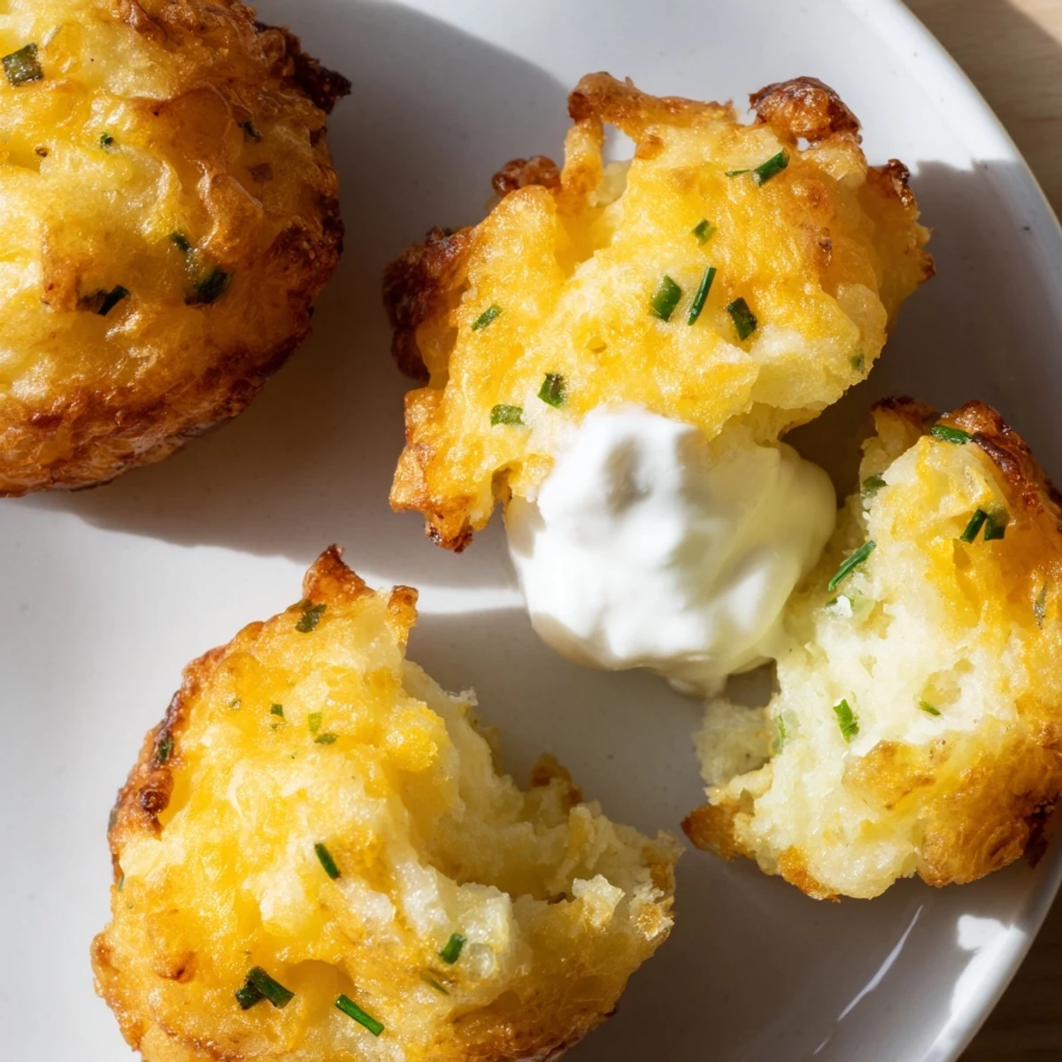 Golden mashed potato cheese puffs with melted cheddar and fresh chives on a baking sheet
