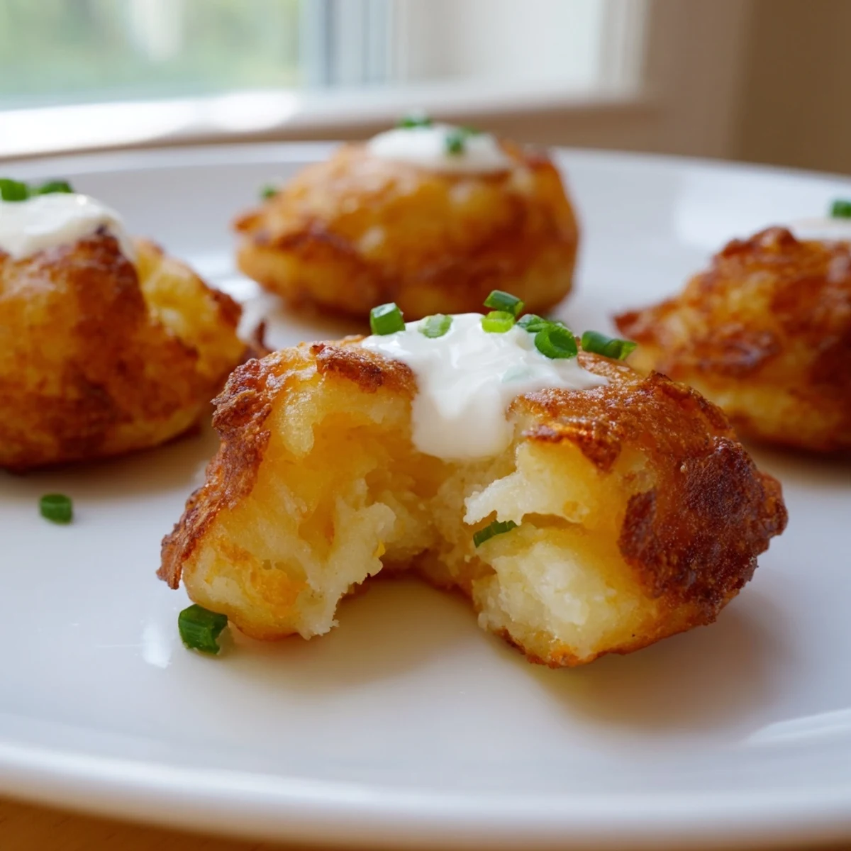 Crispy baked mashed potato cheese puffs served warm with a dollop of sour cream