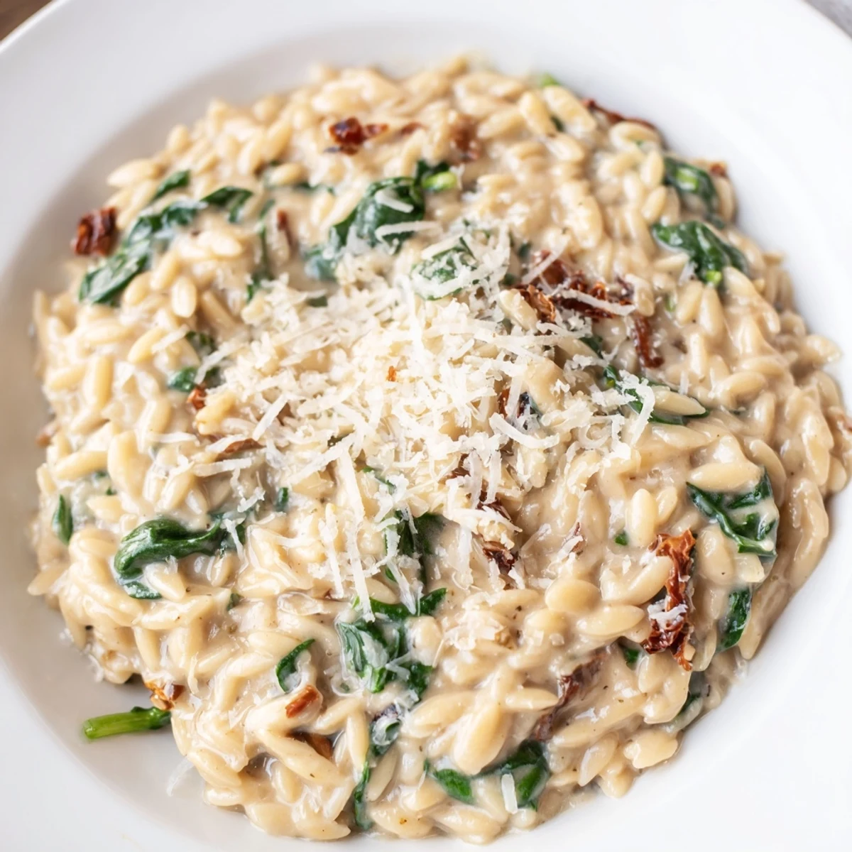 Creamy Tuscan orzo in a white bowl studded with sun-dried tomatoes and fresh spinach
