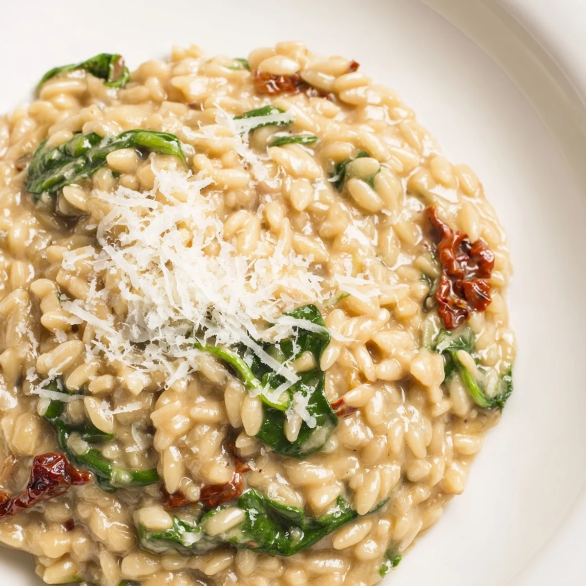 Velvety Creamy Tuscan orzo with wilted spinach and Parmesan served in a rustic pan