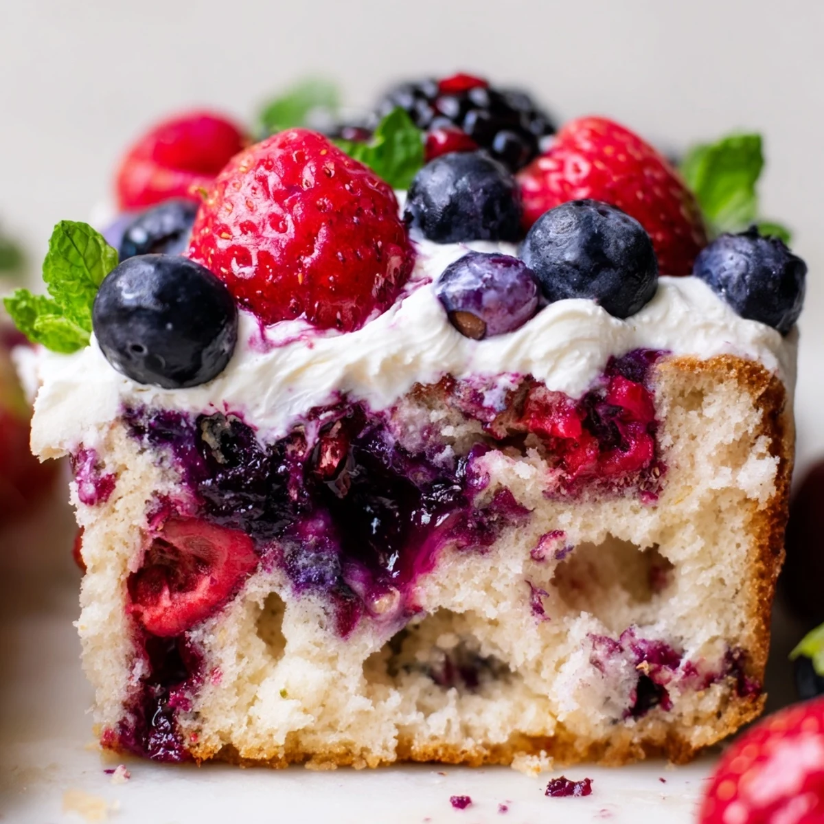 Creamy whipped topping blankets this summer berry poke cake garnished with strawberries and mint