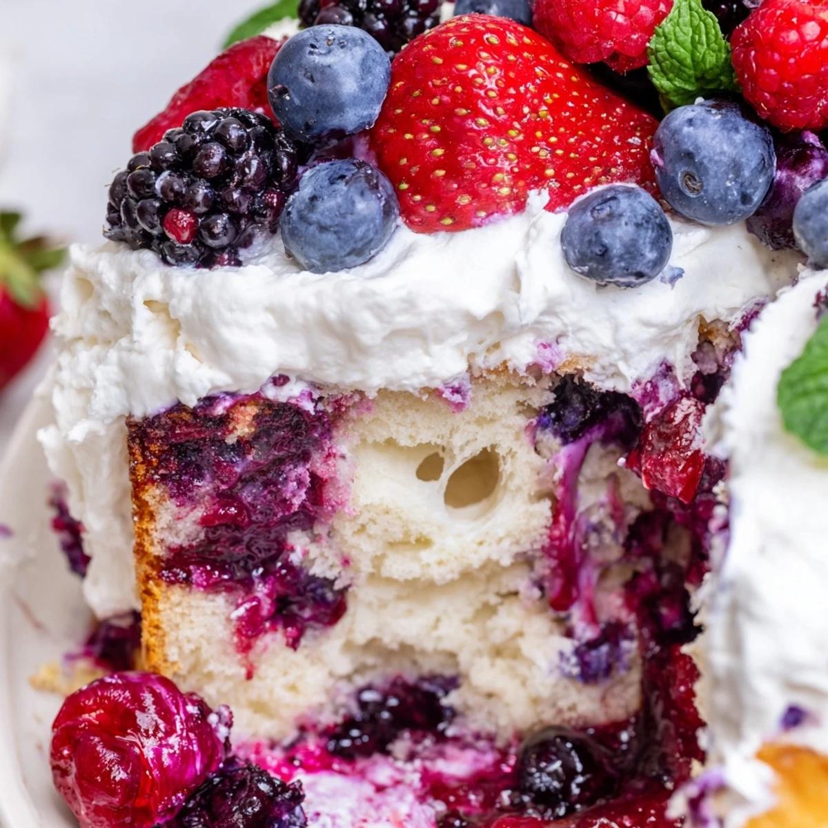 Moist summer berry poke cake with berry sauce soaking into tender golden vanilla crumbs