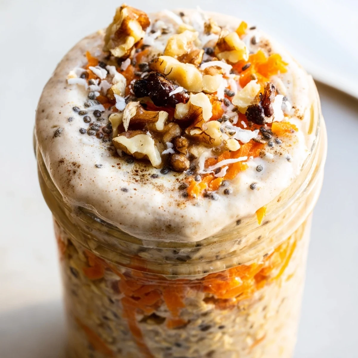 Carrot cake overnight oats in a mason jar with raisins, grated carrot, and warm spices