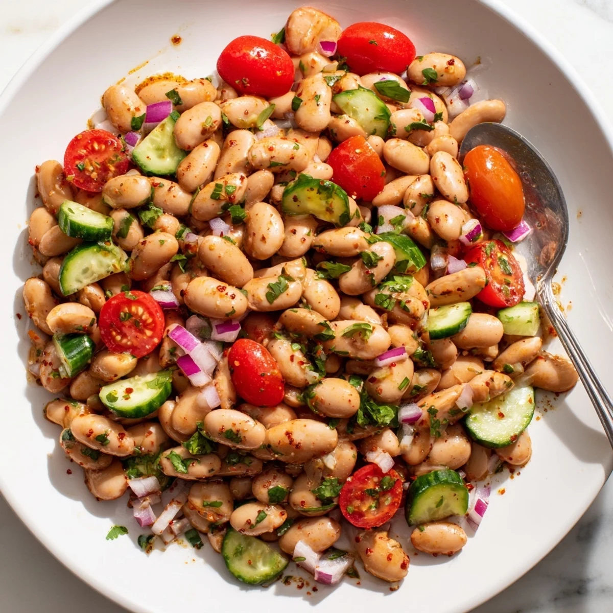 Colorful pinto bean salad tossed with crisp veggies and bright lime dressing