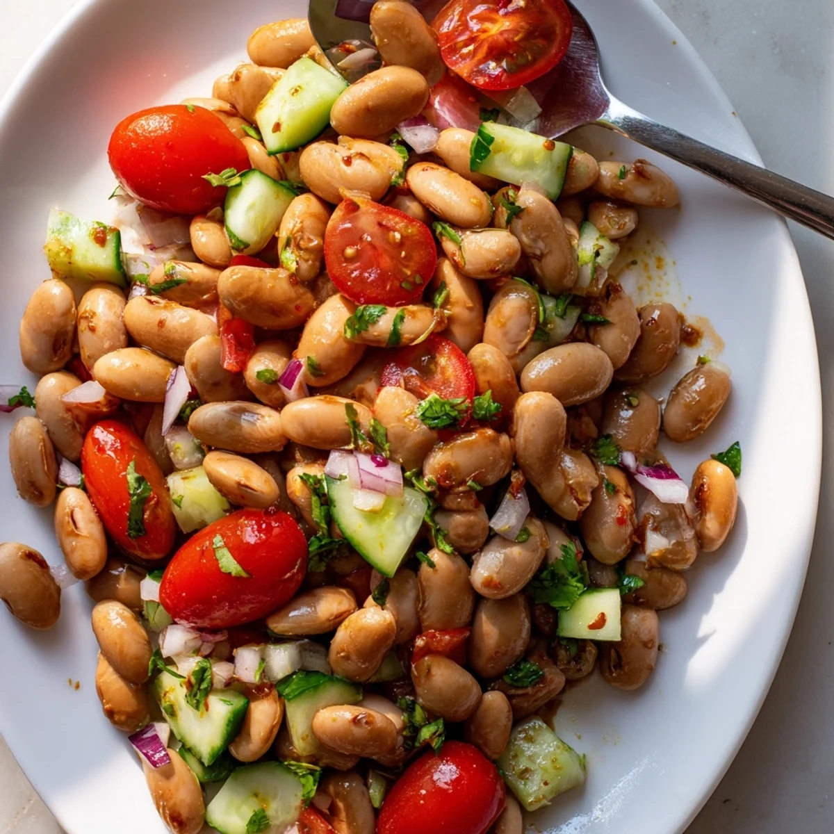 Hearty pinto bean salad in a rustic bowl garnished with fresh cilantro