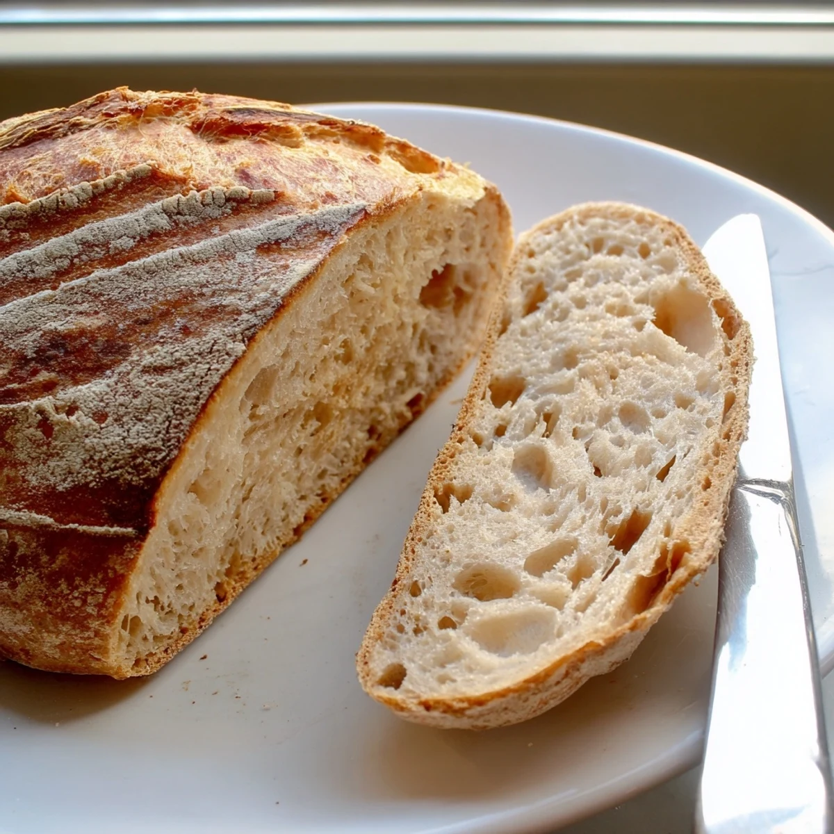 Rounded artisan sourdough bread fresh from the Dutch oven with decorative scoring marks