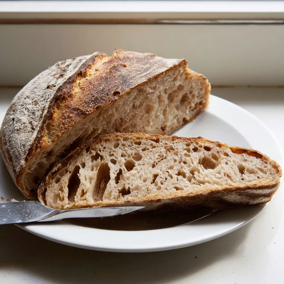 Thick slice of crusty sourdough bread revealing an airy, chewy crumb interior