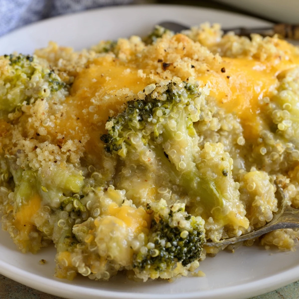Tender broccoli and fluffy quinoa layered in a rich cheesy sauce for a cozy dinner