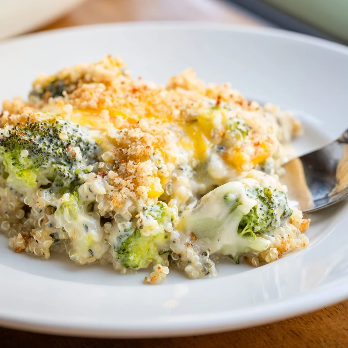 A bubbling vegetarian casserole topped with melted cheddar and crispy breadcrumbs served family-style