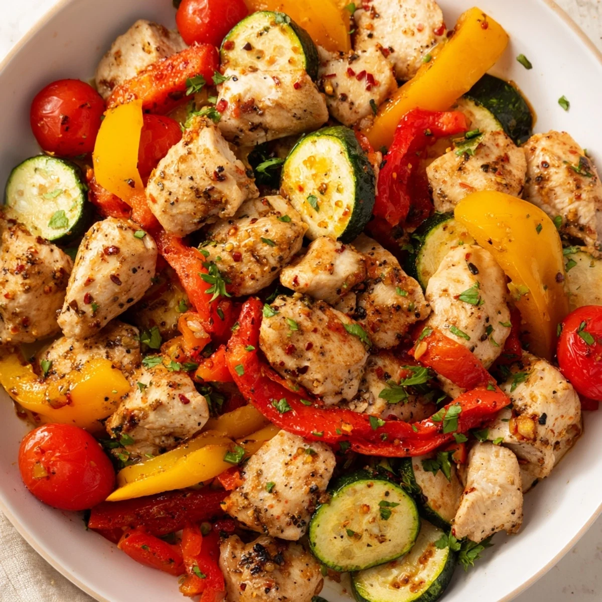 Sizzling quick flavorful one pan dish featuring tender chicken bell peppers and lemon