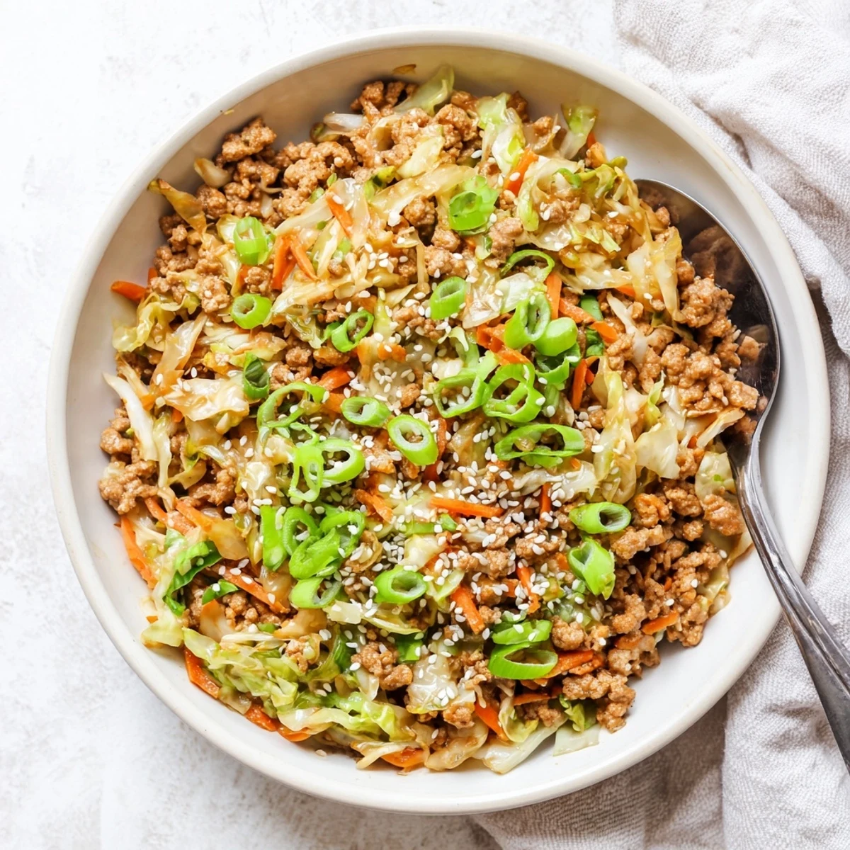 Steamy low-carb keto egg roll in a bowl garnished with sesame seeds over fresh veggies