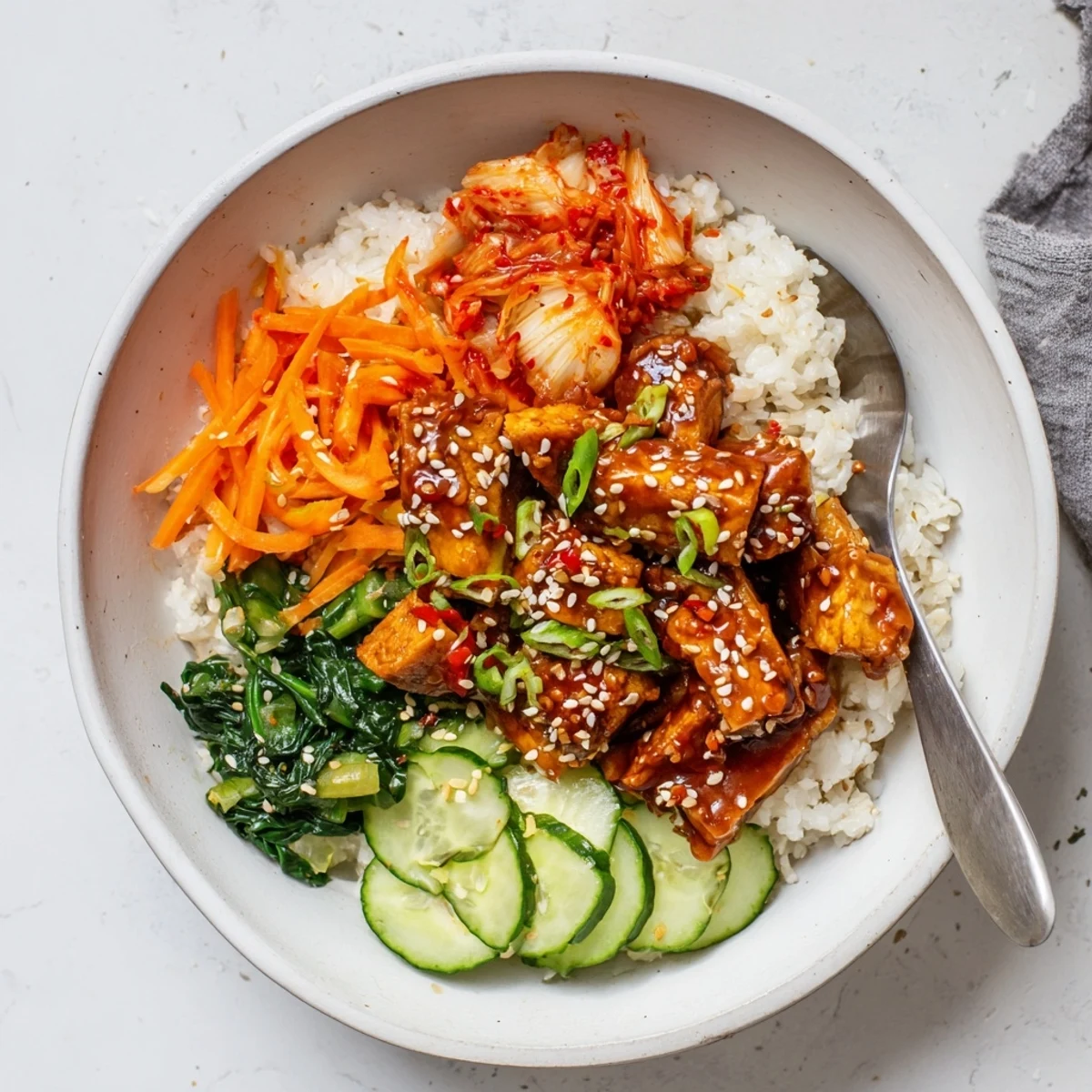 Golden crispy shredded tofu bulgogi bowl topped with colorful julienned carrots and cucumbers
