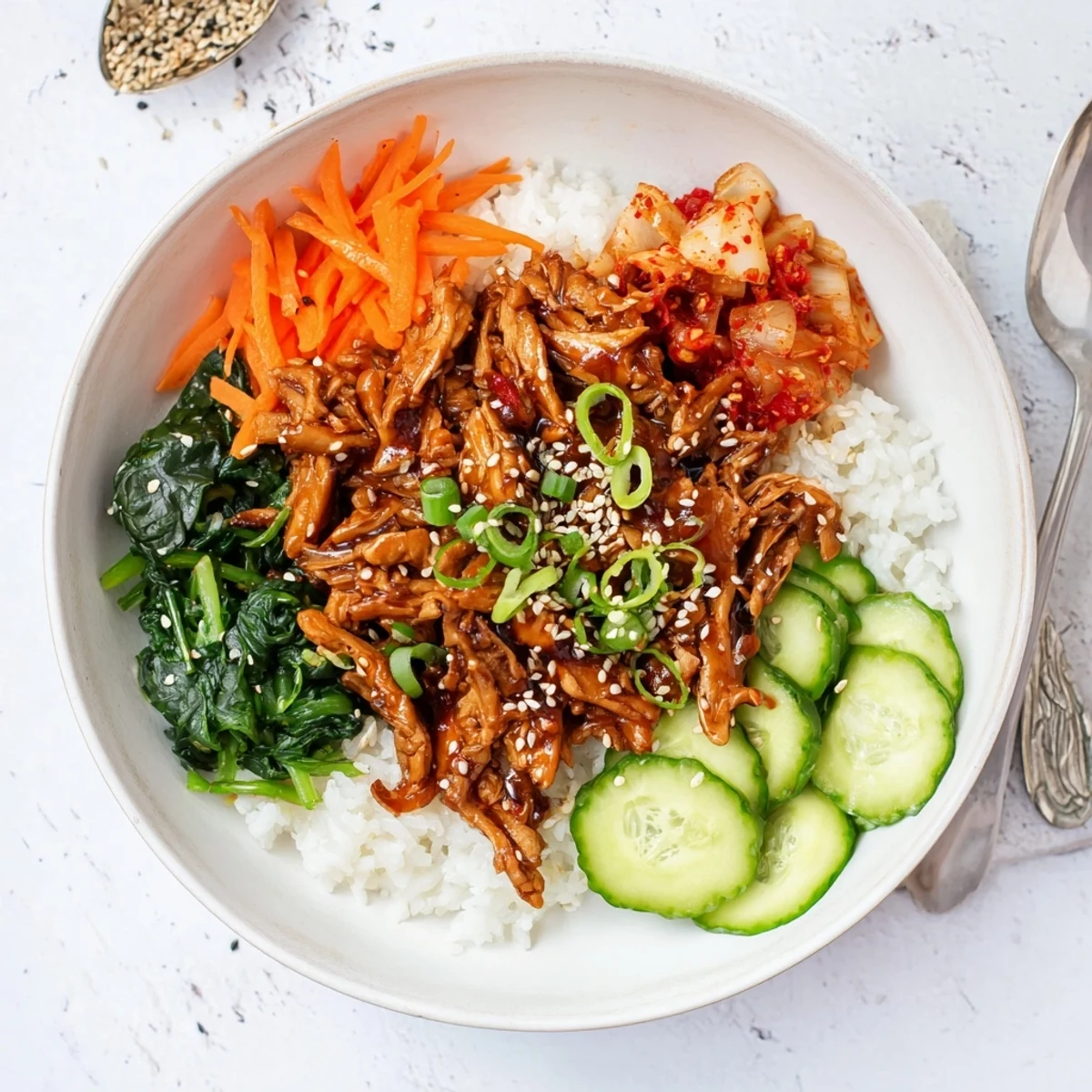 Vegan crispy shredded tofu bulgogi bowl drizzled with savory sauce alongside fresh kimchi